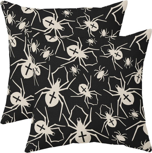 Black Halloween Pillow Covers 18x18 Set of 2 Cream Spider Print Outdoor Decorative Throw Pillows Holiday Scary Themed Farmhouse Pillowcases Linen Cushion Case Decor for Home Sofa Couch Bed