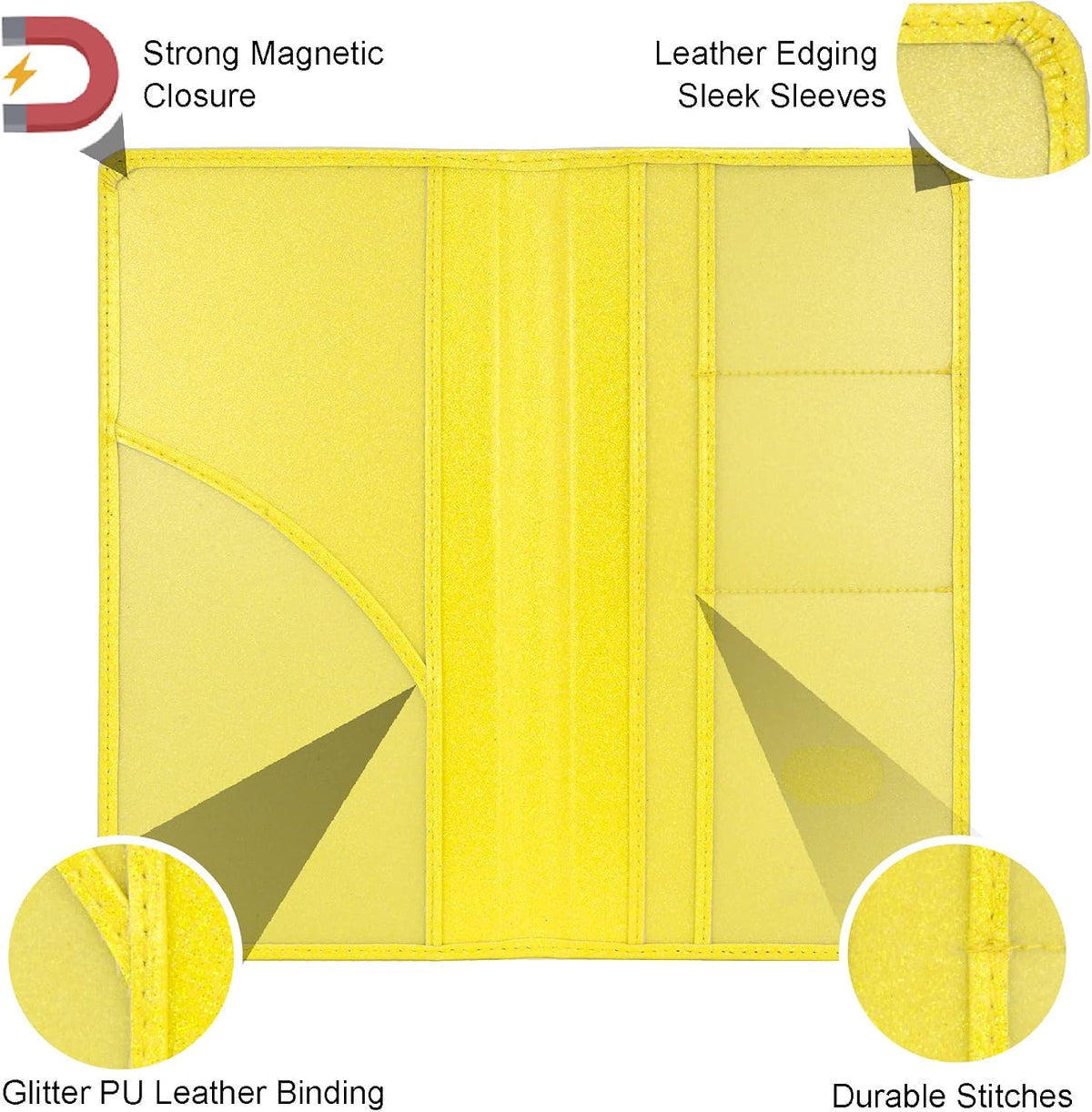 Leather Car Registration and Insurance Holder Magnetic Shut, Glitter Yellow