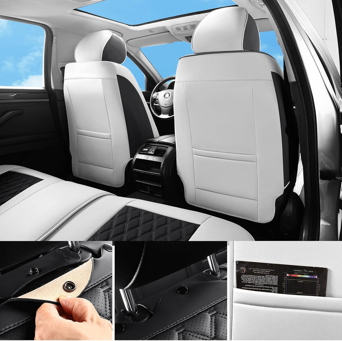 Car Seat Covers Full Set,5 Seat White Leather Seat Covers for Cars,Front Seats and Back Seat Cover,Waterproof Car Seat Cushion Protectors,Universal Fit for Most Cars SUV Trucks (White Black, Full Set)