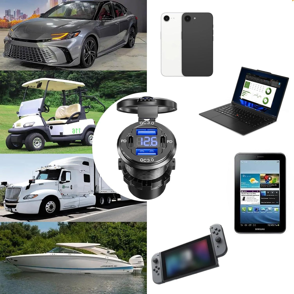 Dual PD USB C Ports & Dual Quick Charge 3.0 Ports Car Charger Socket, VANONE Aluminum Alloy Waterproof 12V USB Outlet, Accessories for Car Boat Marine Motorcycle RV ATV Truck Golf Cart, etc