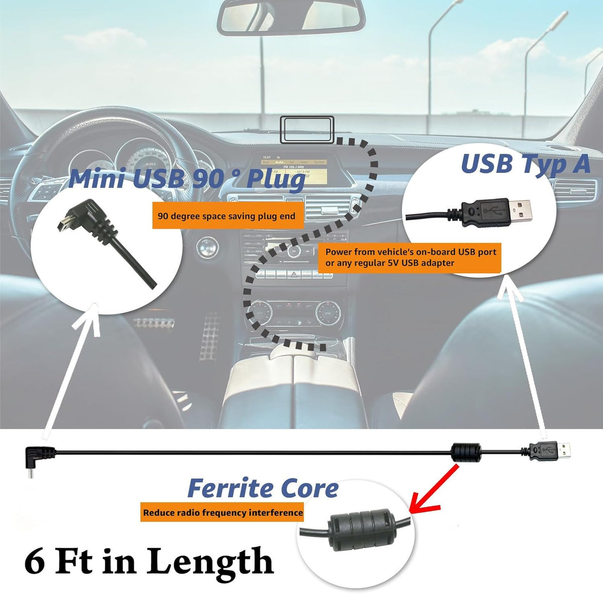 EDOTech 6 Ft Mini USB Car Charger Power Cord