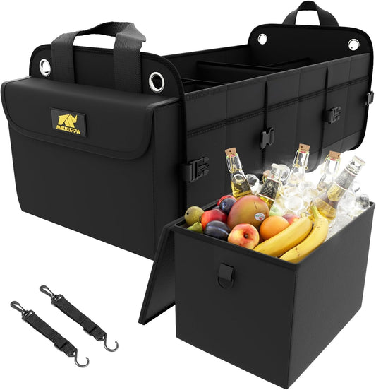 MIKKUPPA Car Trunk Organizer with Cooler, 100L, Premium Material, Black | Collapsible Heavy Duty Large Car Organizer, Sturdy Trunk Storage for SUV with Adjustable Straps and Non Slip Bottom