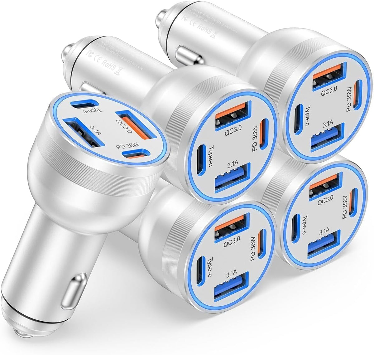 65W USB C Car Charger, 4-Port Cigarette Lighter Adapter PD30W Fast Charging