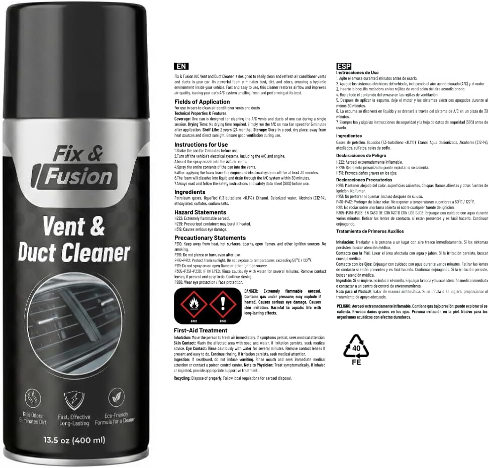 FIX & FUSION A/C Vent and Duct Cleaner | Foaming Spray for Car Air Conditioner | Freshens & Cleans Dust Build-Up | Fast, No-Rinse Formula | Automotive HVAC Refresher & Detailer