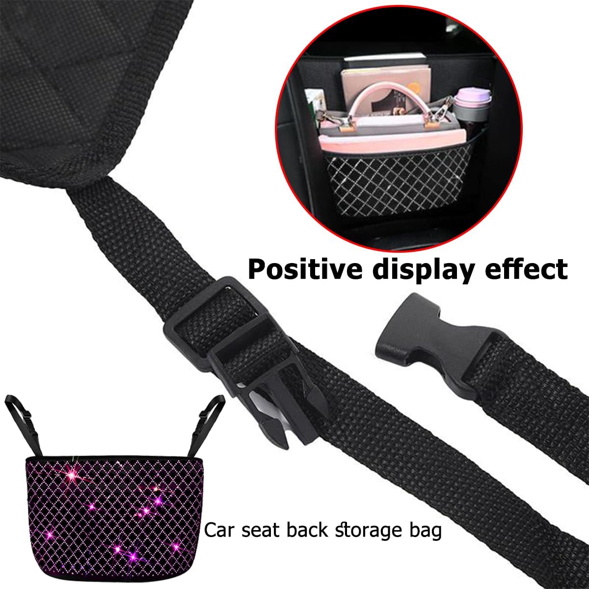 zipelo Bling Car Net Pocket Handbag Holder, Rhinestone Vehicle Backseat Purse Organizer Between Seats, Diamond Hanging Storage Bag Barrier of Pet Kids, Universal Automotive Accessories (Pink)