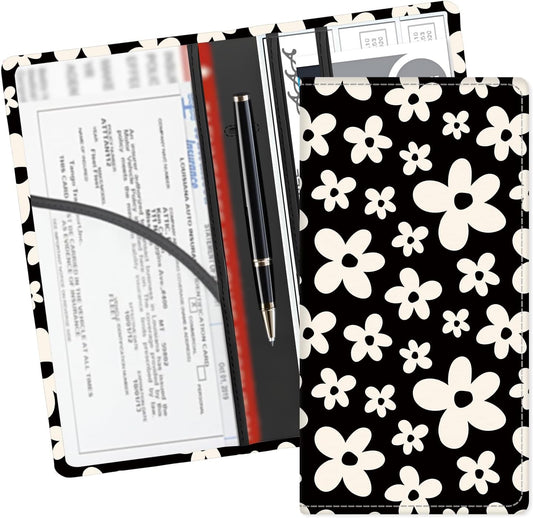 Leather Car Registration and Insurance Card Holder, Cute Car Accessories Vehicle Glove Box Car Organizer for Documents, Cards, License Black White Flowers