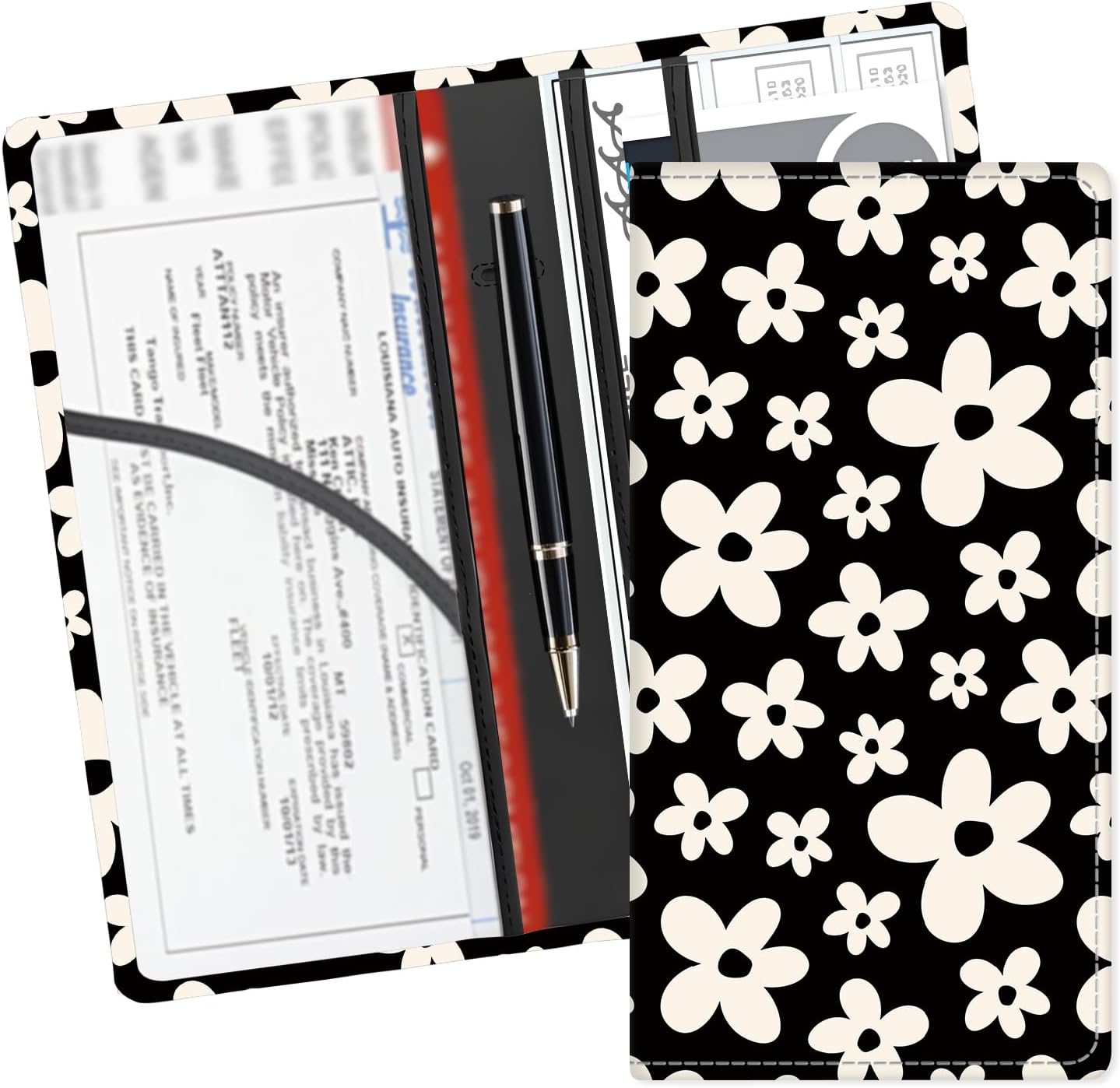 Leather Car Registration and Insurance Card Holder, Cute Car Accessories Vehicle Glove Box Car Organizer for Documents, Cards, License Abstract Watercolor Flower