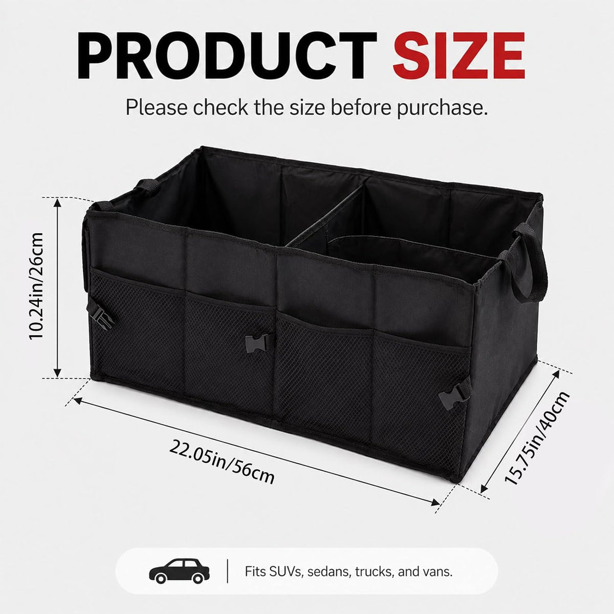Car Trunk Organizer, Collapsible 3-Compartment Box，Black