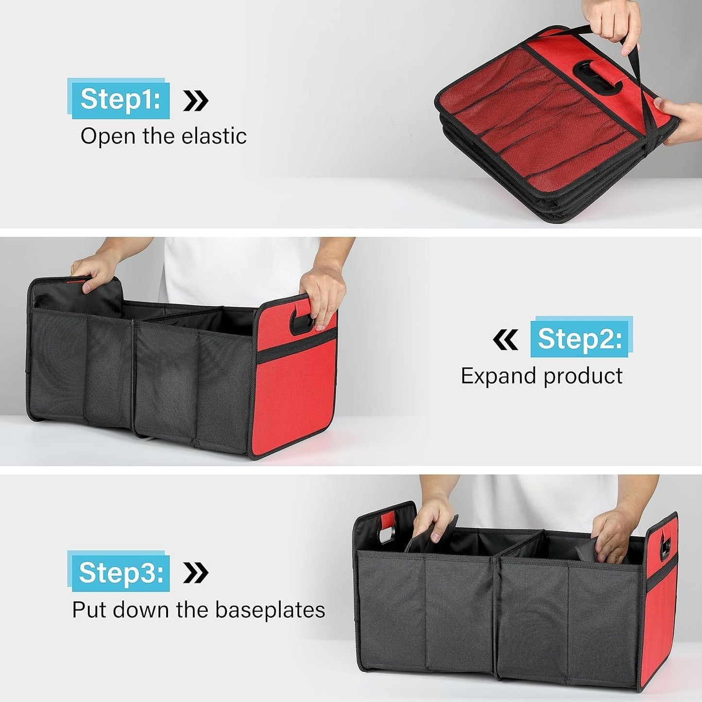 Simple Deluxe Trunk Organizer for Car/SUV/Truck, Collapsible 2 Compartment 50L Automotive Storage Box with 5 Pocket, 600D Waterproof Oxford Polyester, Anti-slip & Leak-proof, Red, 2 Pack