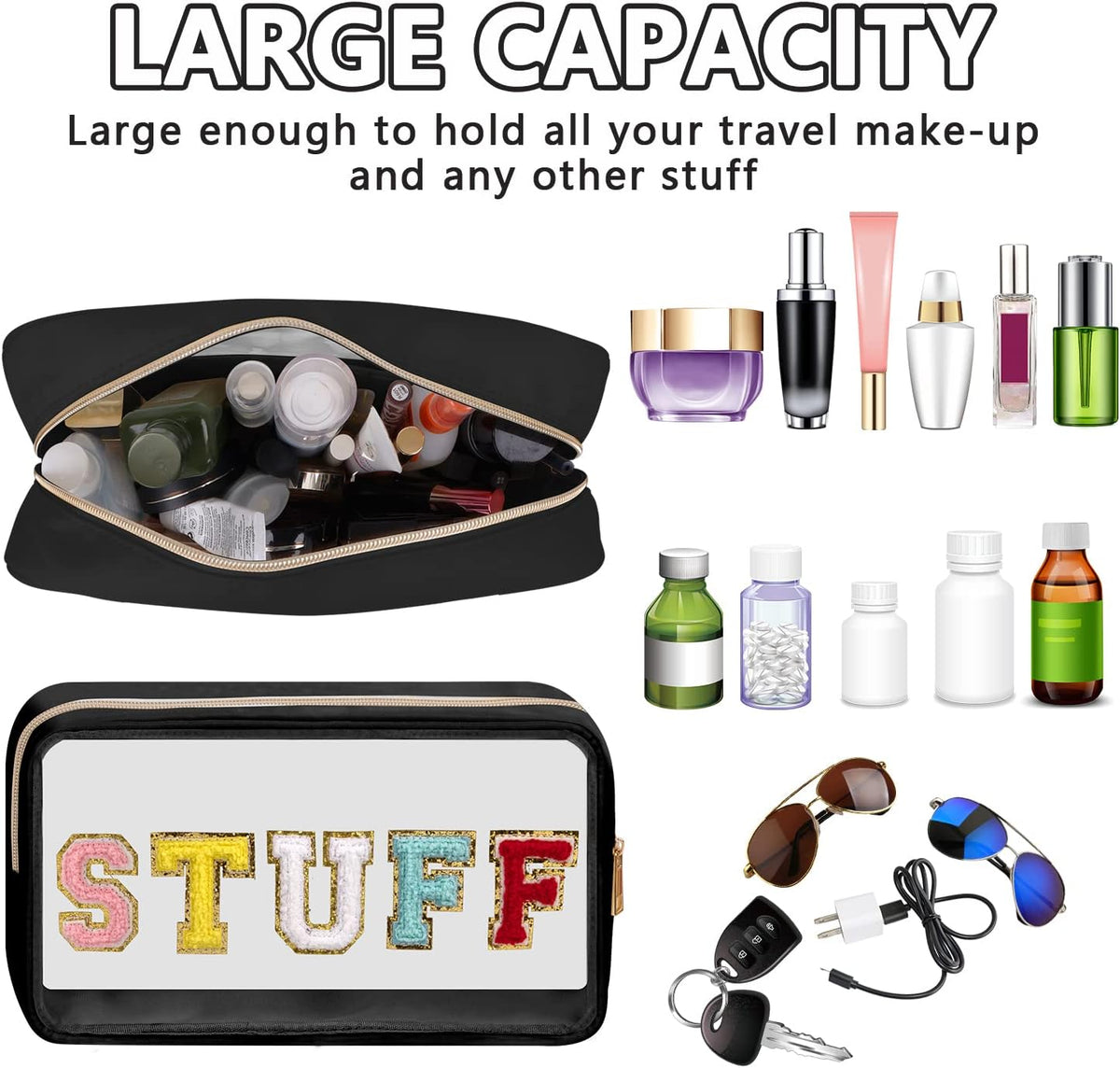 Iqimott Clear Patch Makeup Bag Stuff Pouch, Preppy Personalized Chenille Letter Cosmetic Pouch for Travel, Nylon Waterproof Organizer Travel Essentials Zipper Toiletry Bags for Women Girls(Black)