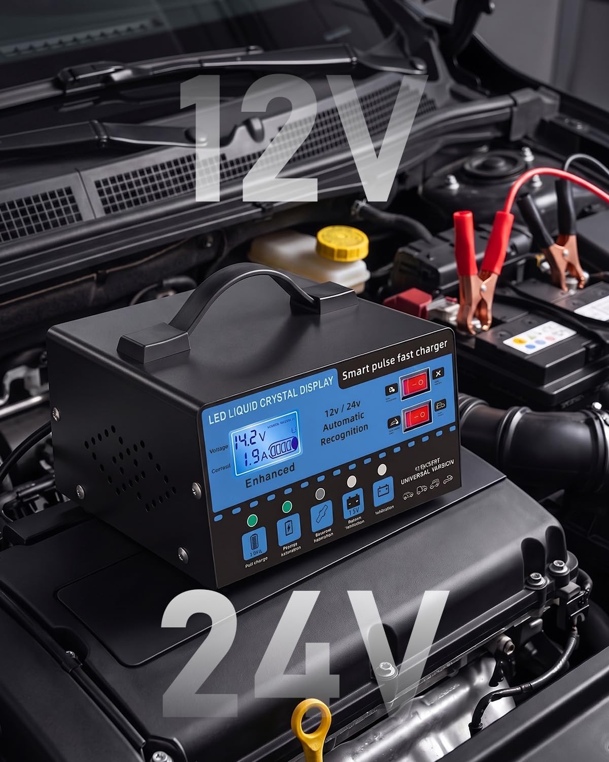 12V/24V Smart Car Battery Charger with LCD Display, Automatic Battery Maintainer & Trickle Charger, Temperature Compensation, Overcharge Protection for Cars, Trucks, SUVs & Motorcycles