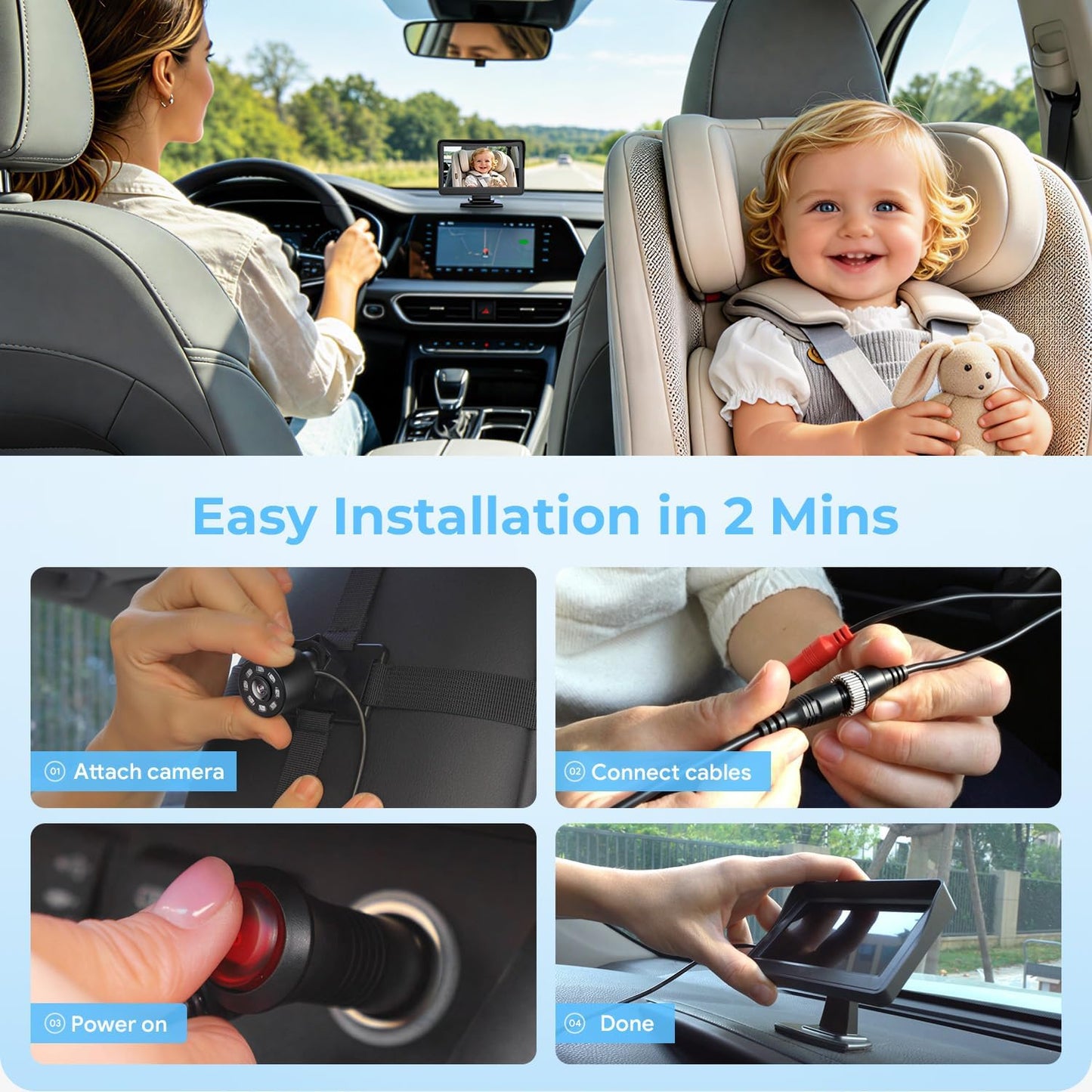 Itomoro Baby Car Camera, Easily Install Baby Car Mirror 1080P Clear Car Baby Camera for Rear Facing Seat Backseat 4.3 inch Display