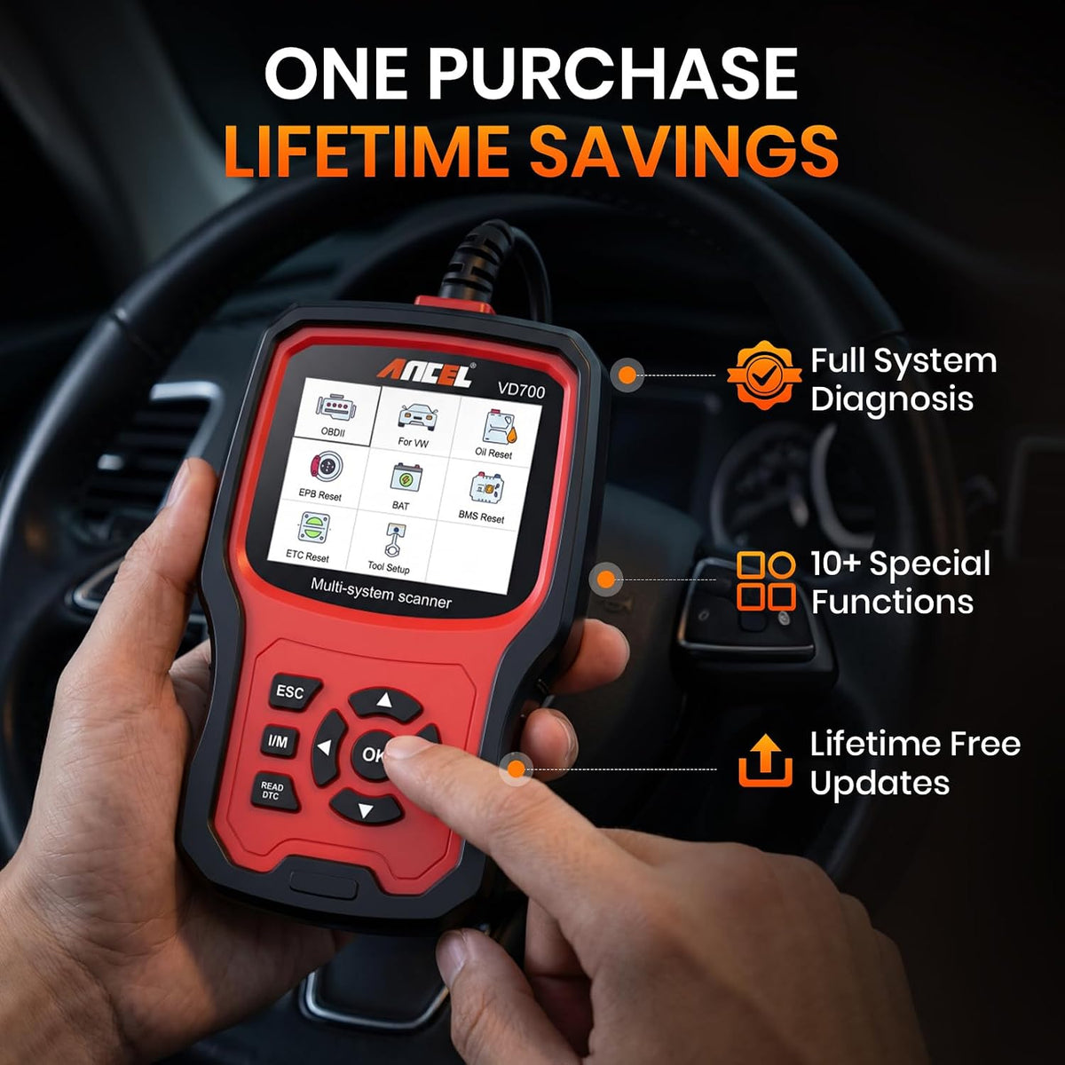 ANCEL VD700 OBD2 Diagnostic Code Reader Scan Tool Fit for Volkswagen Audi VW Skoda Seat, All Functions OBD11 Scanner for VAG Vehicles with Battery Registration EPB Reset (Upgraded VD500)