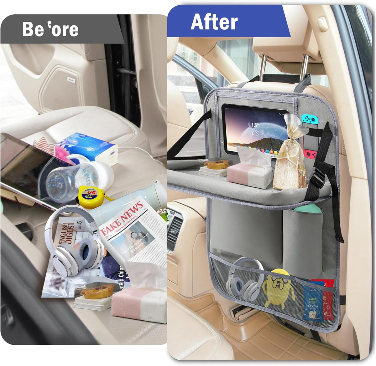 2Pack Car Backseat Organizer with Foldable Table Tray Grey