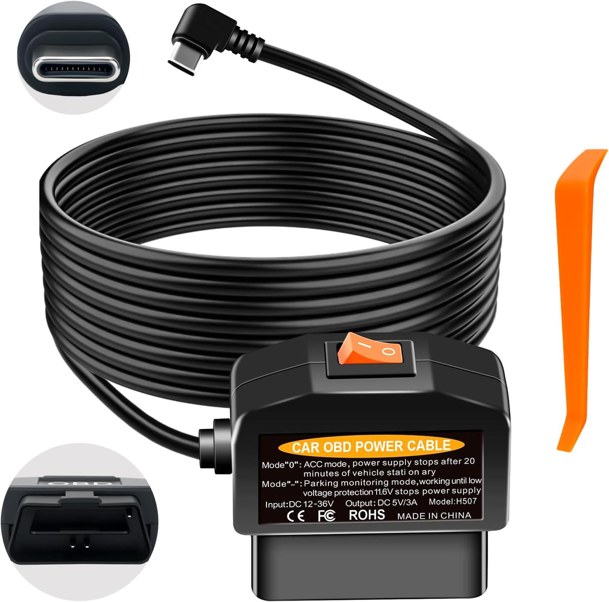 OBD Dash Cam Power Cable USB C,Parking Mode Kit with Low Voltage Protection