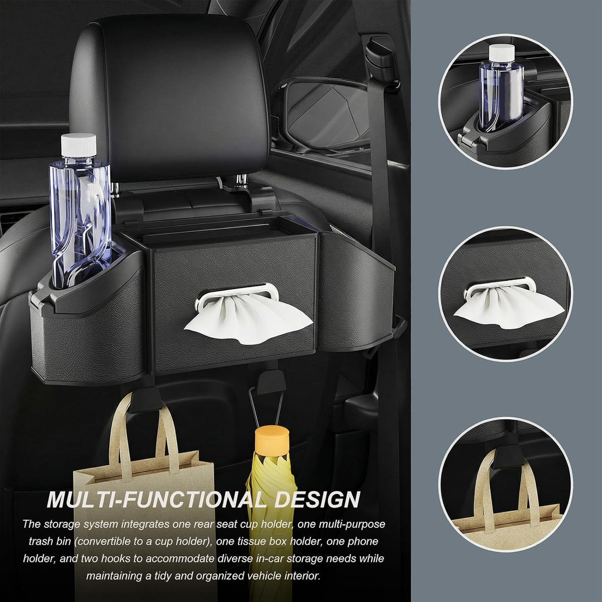 Car Backseat Organizer, 7-in-1 Auto Seat Back Drink Cup Holder Organizer with Tissue Box & Hooks, Multifunctional Vehicle Headrest Storage Box for Hold Phone Snacks Drinks (Gray)