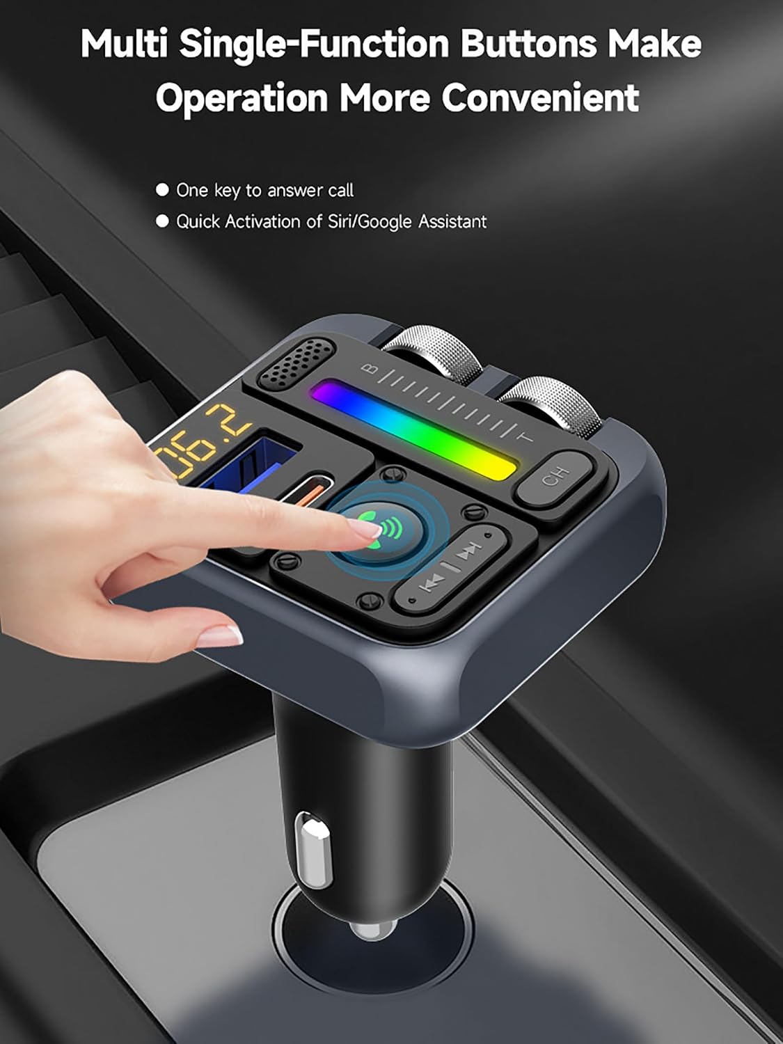 Bluetooth 5.0 Car FM Transmitter, QC3.0 Wireless Car Adapter Mp3 Music Player Car Kit with Hands-Free Calling, 7 Color LED Backlit Car Adapter