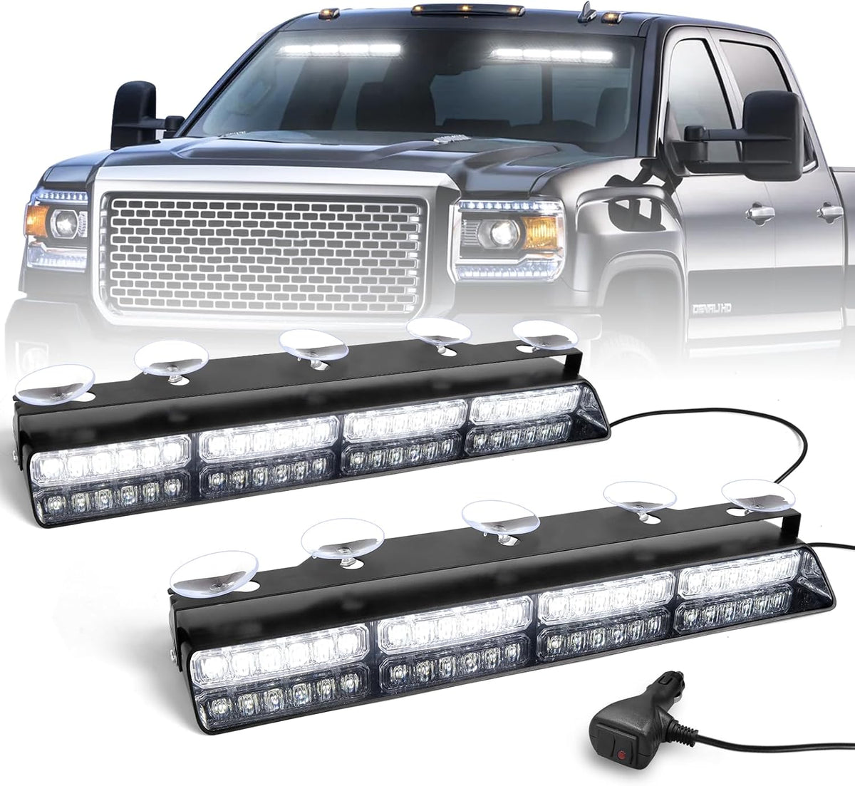 HLauto 6Z4J Emergency Dash Strobe Lights: 2x16.8 inch Red Blue Safety Lights, 48 LED Flashing Warning Hazard Interior Windshield Visor Traffic Light Bar for Trucks, Construction Vehicles