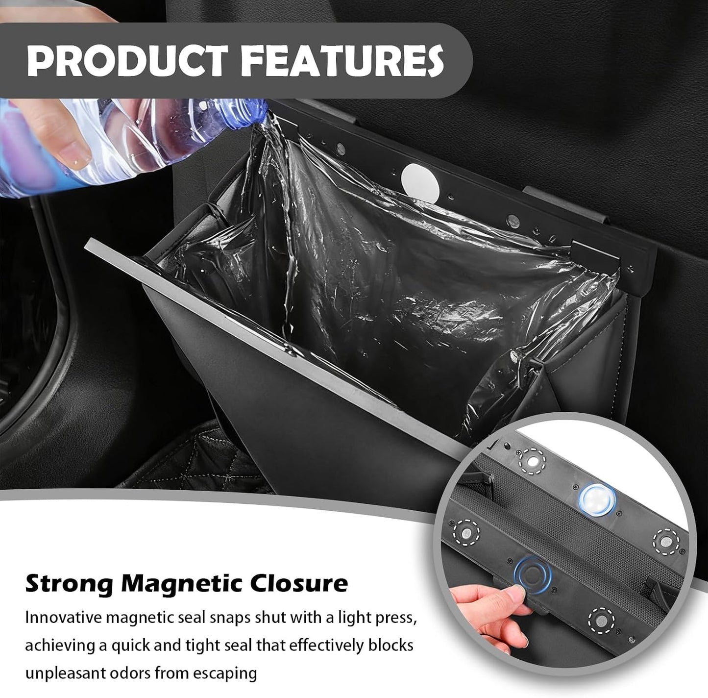 2026 New Car Trash Can with LED Light &amp; Strong Magnet Closure,Leather Car Trash Bin with 12 Bags,Large Capacity Cars Garbage Can as Cars Organizer for Back Seat/Door