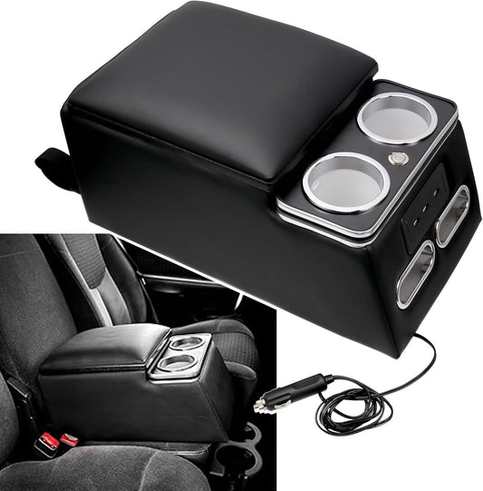 Black Universal Truck Seat/Bench Organizer with LED Light, USB Port, Cup Holders, Armrest, Padded Top Lid - Ideal for Business Upgrade Center Console Organizerand