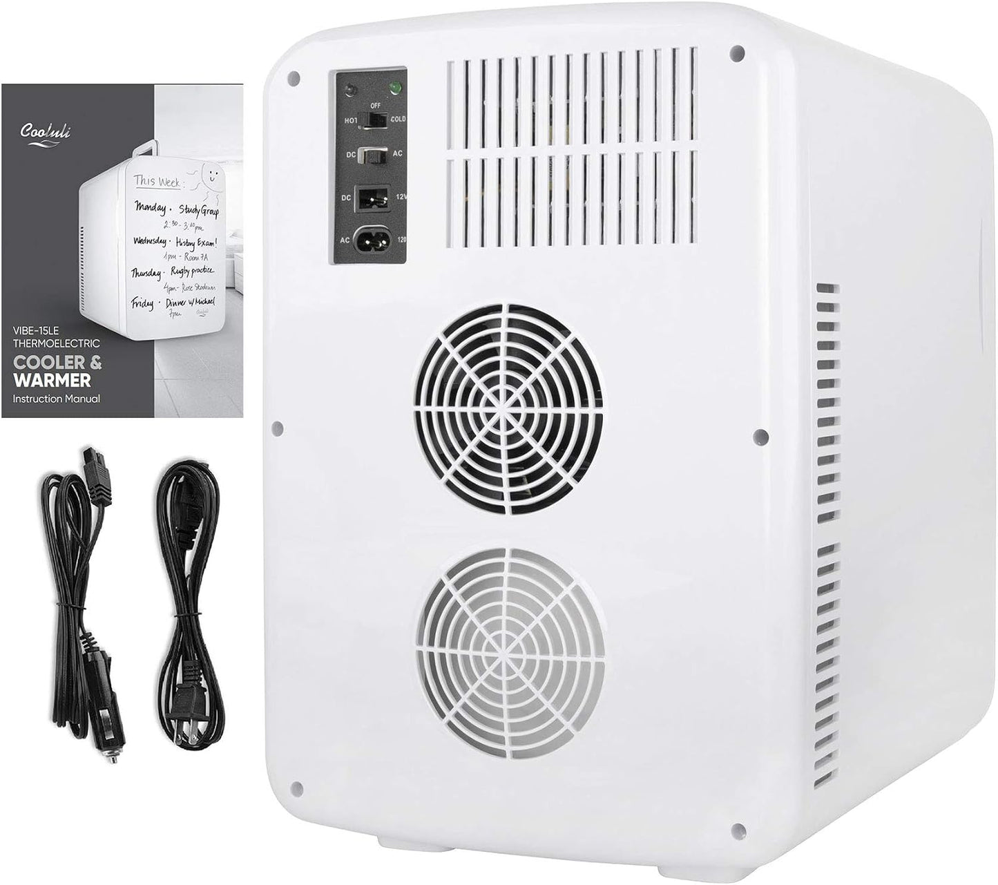 Cooluli Vibe Mini Fridge for Bedroom - With Cool Front Magnetic Whiteboard - 15L Portable Small Refrigerator for Travel, Car & Office Desk - Plug In Cooler & Warmer for Food, Drinks & Skincare (White)