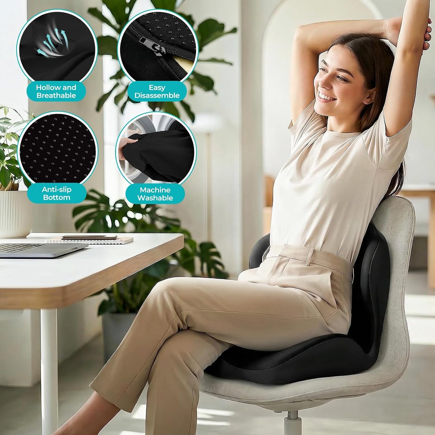 Memory Foam Seat Cushion with Lumbar Support Pillow for Truck Driver, Ergonomic L-Shaped Car Seat Cushion for Tailbone Pressure Relief, Non-Slip Chair Pad for Long Driving, Black