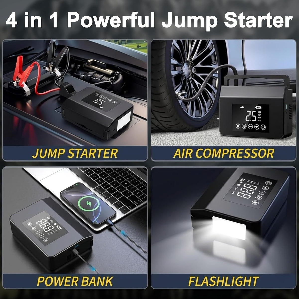 4000A Portable Car Battery Jump Starter with Air Compressor,150PSI Tire Inflator, Jumper Starter for All 12V Vehicles,Power Bank, LED Light,Auto Shutoff