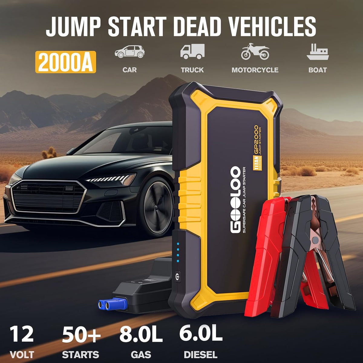 GOOLOO GP2000-2000A Portable Car Battery Jump Starter for 12V Vehicle