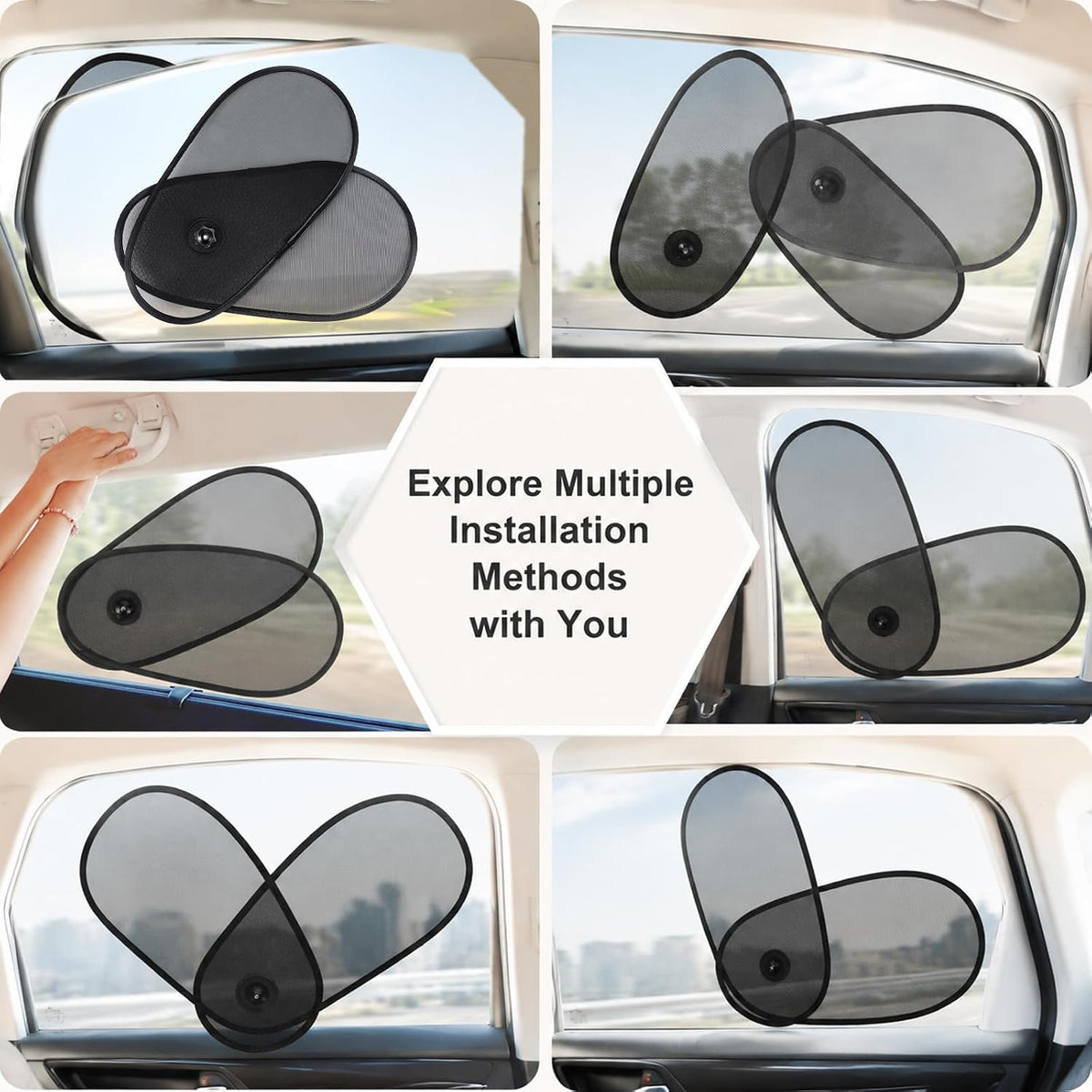 4PCS Car Window Shade Rotatable Mesh Sun Blockers for Auto, Adjustable UV Glare Protection Driver Side Window Sunshades with Strong Suction Cups, Universal Fit for Most Vehicles, Black PP Nylon