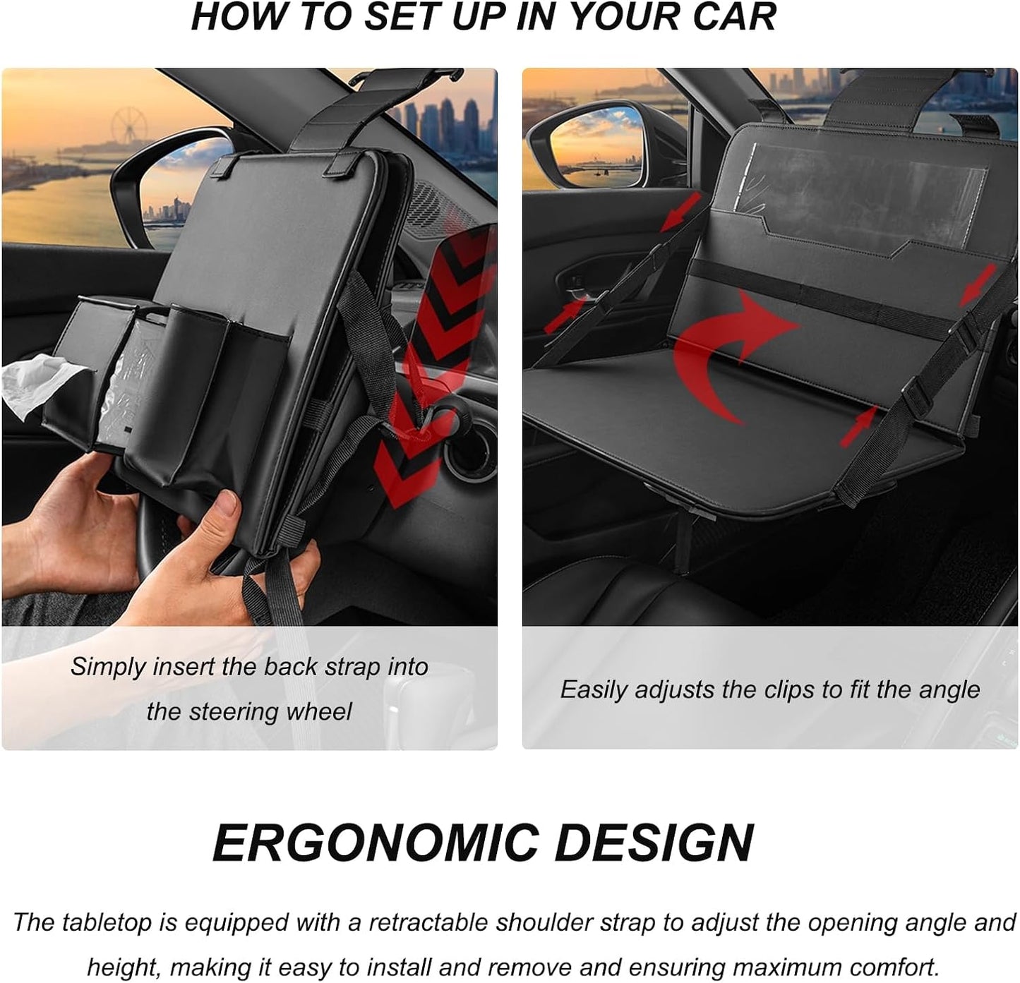 Car Steering Wheel Tray, Foldable Car Laptop Desk Eating Food Tray with Transparent Holder & Tissue Box, Adjustable Back Seat Headrest Table for in-Car Dining Working Studying (Beige)