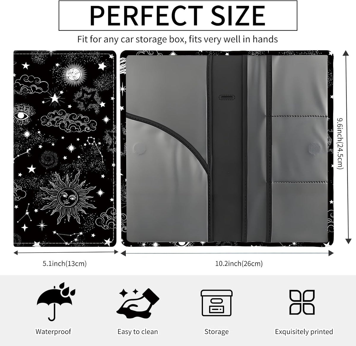 Premium Car Registration and Insurance Card Holder, Cute PU Leather Car Document Holder, Vehicle Glove Box Car Organizer with Magnetic Closure for Driver License, Cards Black Celestial Sky