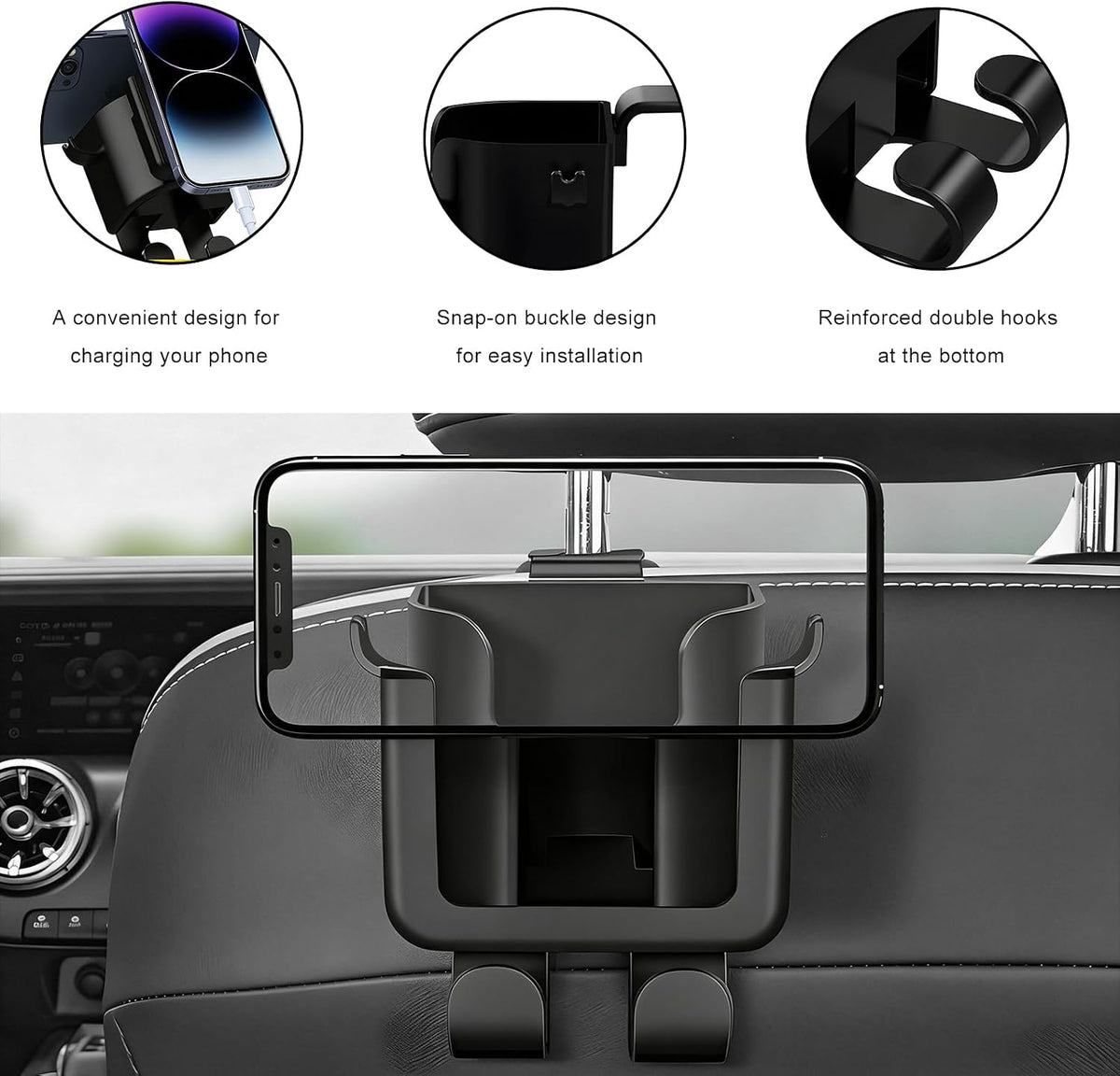 4 PCS Headrest Cup Holder for Car Back Seat, Auto Bottle & Phone Holder with Headrest Hooks, Multifunctional Plastic Back Seat Organizer for Phones Drinks Bags, Car Accessories