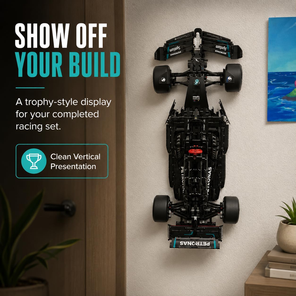 SplashNColor Vertical Wall Mount for Lego Technic F1 Car Set 42171 – Display Your Racing Build | Space-Saving Showcase Stand | Secure Screw-in Installation | Show-Off Trophy Style