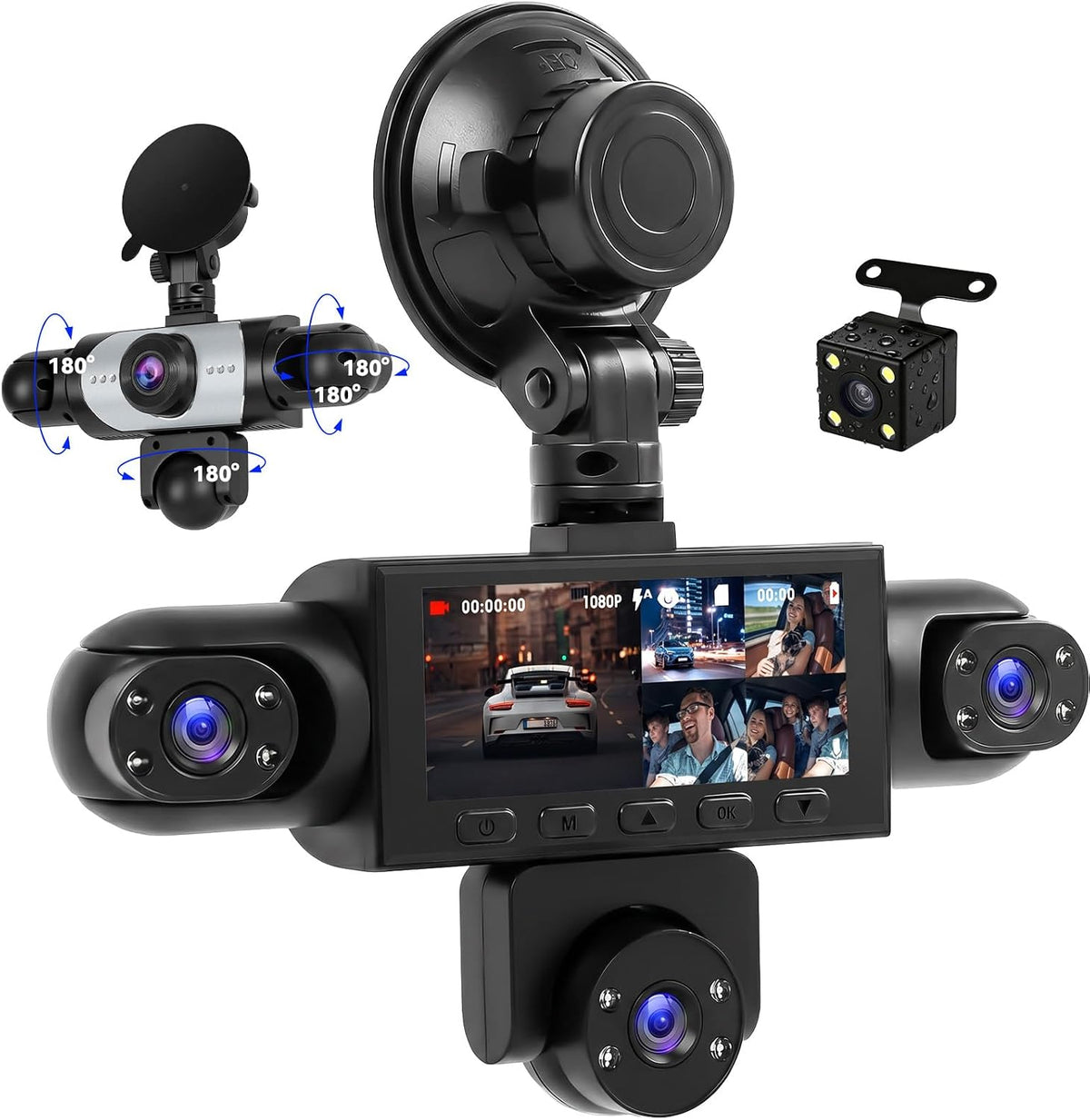 360 Degree 5 Channel Dash Cam, Front and Rear Inside Left Right Car Camera, 2" Screen, Night Vision, Loop Recording, 24H Parking Mode, Reverse View