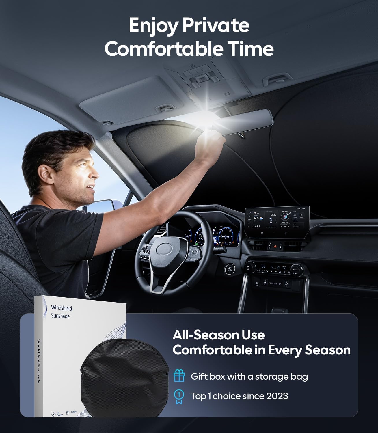 Wigoo Tesla New Model Y Accessories Windshield Sunshade [OEM Design, 100% Sun Blockage] Foldable Heat Insulation Sunshade with Storage Bag, for Model Y 2020~2026 (Juniper), Silver Coating