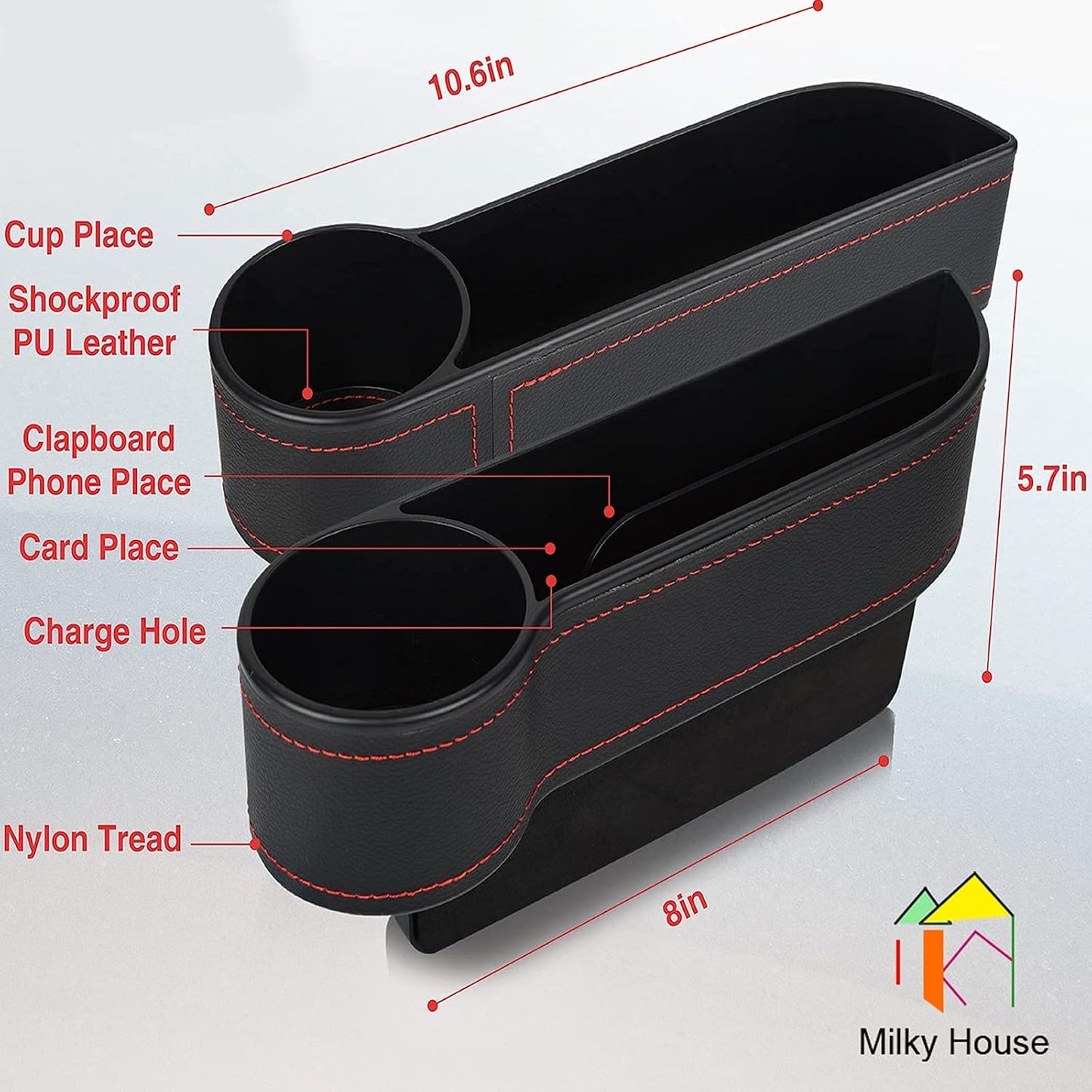 2 Set Car Seat Gap Organizer, Car Gap Filler Storage Boxes, PU Leather Front Seat Console Side Pocket Bags with Cup Holder 4 Hooks, Automotive Storage Box for Phone, Drinks, Cards, Sunglasses, Black