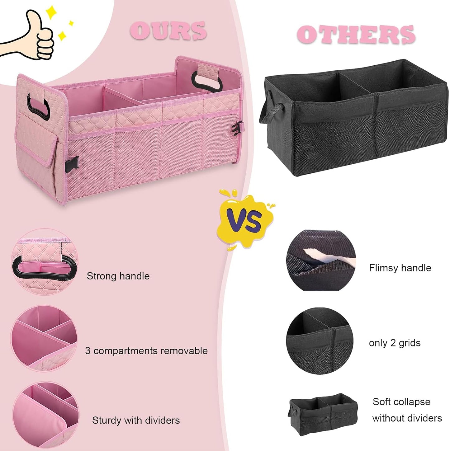 JiatuA Car Trunk Organizer for SUV, Car Storage Organizer Collapsible Multi Compartment Container Box, Adjustable Car Accessories for Women/Men, Pink