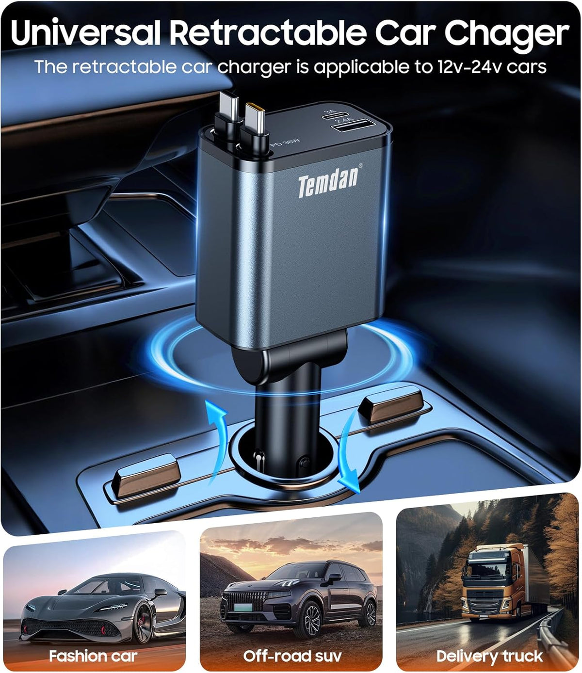 Temdan Retractable Car Charger,75W Fast Charger USB C Car Truck Accessories