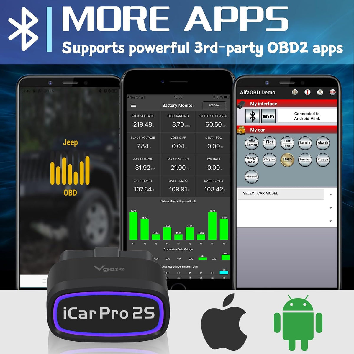 Vgate iCar Pro 2S Bluetooth 5.2 OBD2 Car Scan Tool for iPhone, Android, and Windows