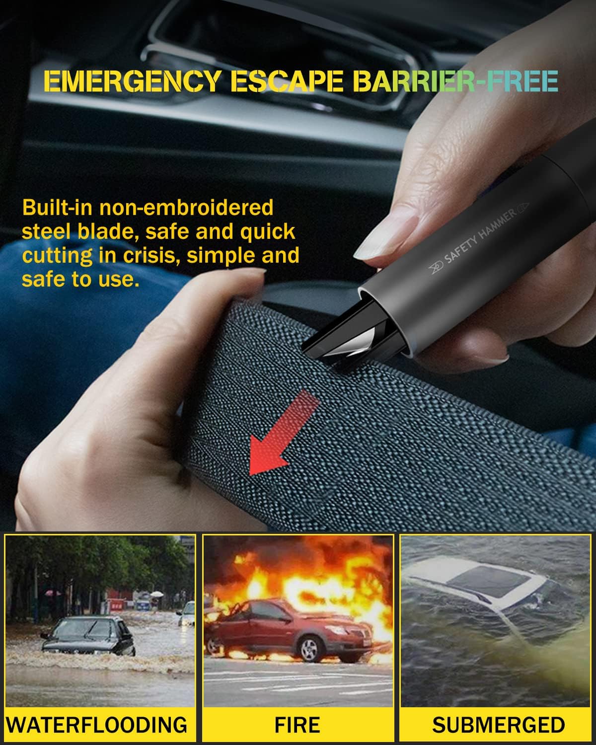 2 Pack Safety Hammer Emergency Car Glass Window Punch Breaker and Seatbelt Cutter, Multifunctional Portable Venicle Eascape Glass Breaker Tool with Seatbelt Cutter(Black*2)