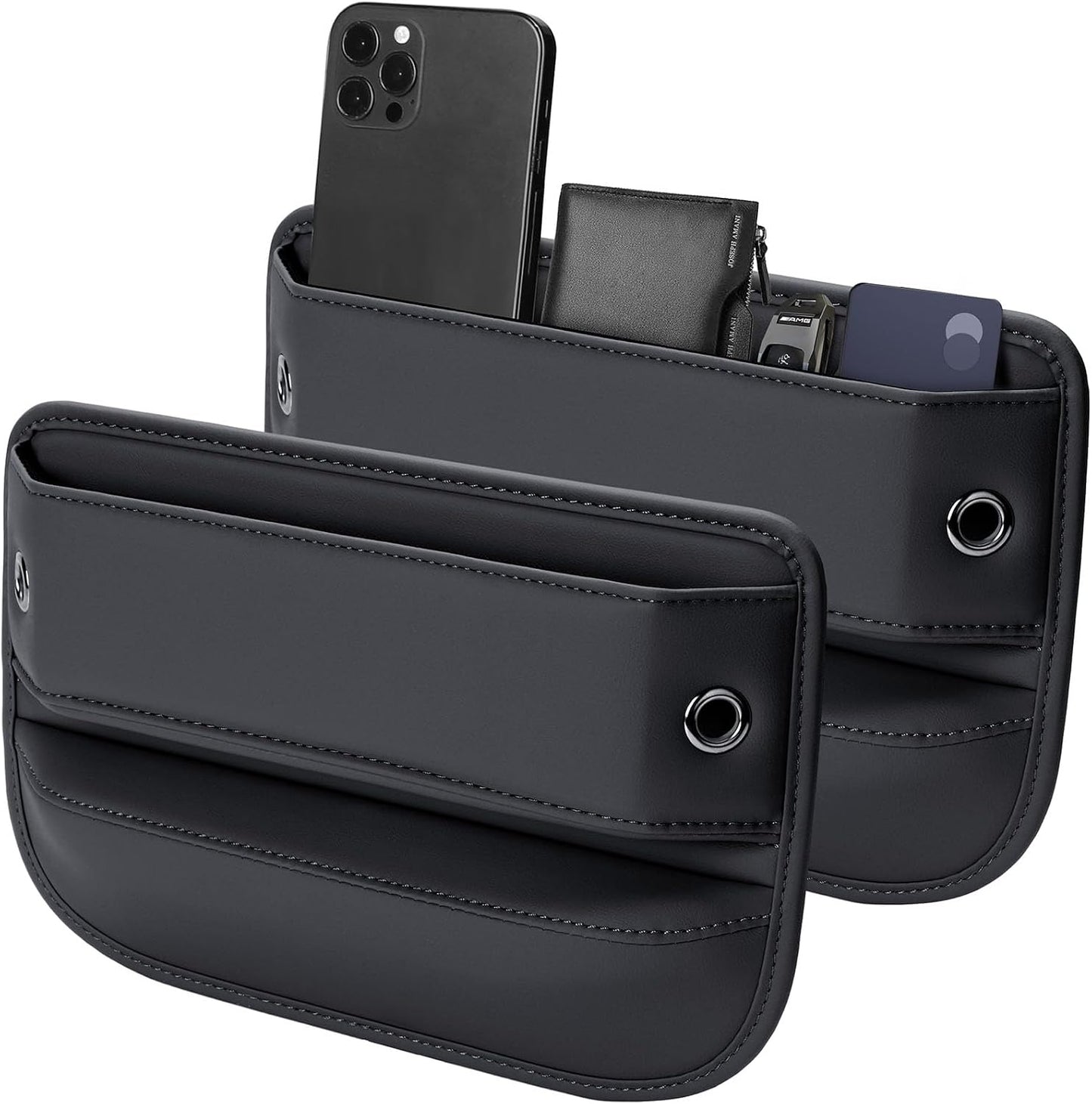 Premium Leather Car Seat Gap Filler Organizer (0.2”-1.2" Gaps), Clever Gifts for Car SUV Truck Owners (Black, 2 Pack)