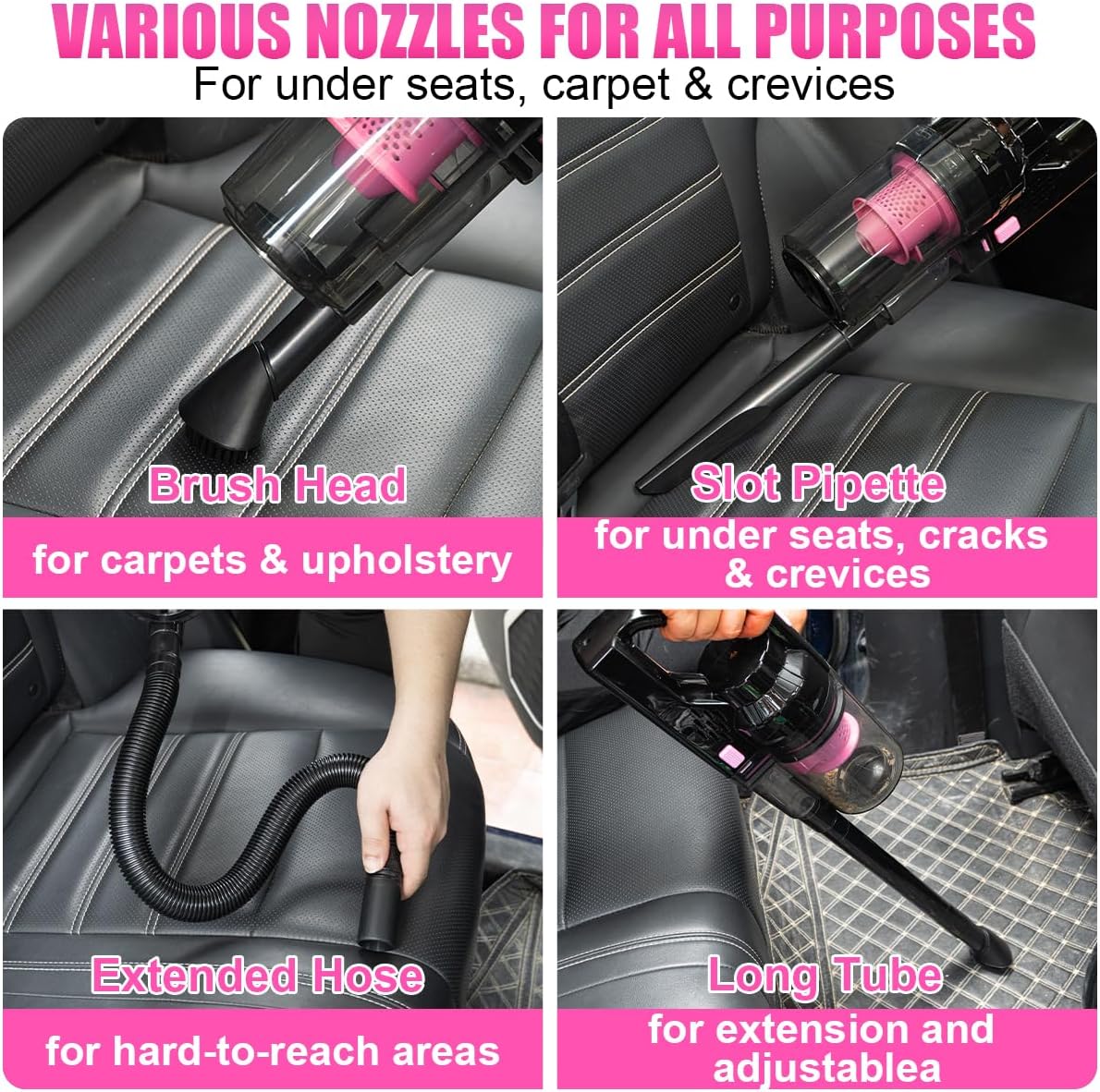 Car Vacuum Cordless Rechargeable, 8000PA High Power Handheld Vacuum Cleaner with 17PCS Car Cleaning Kit, Pink Auto Accessories for Women Gift