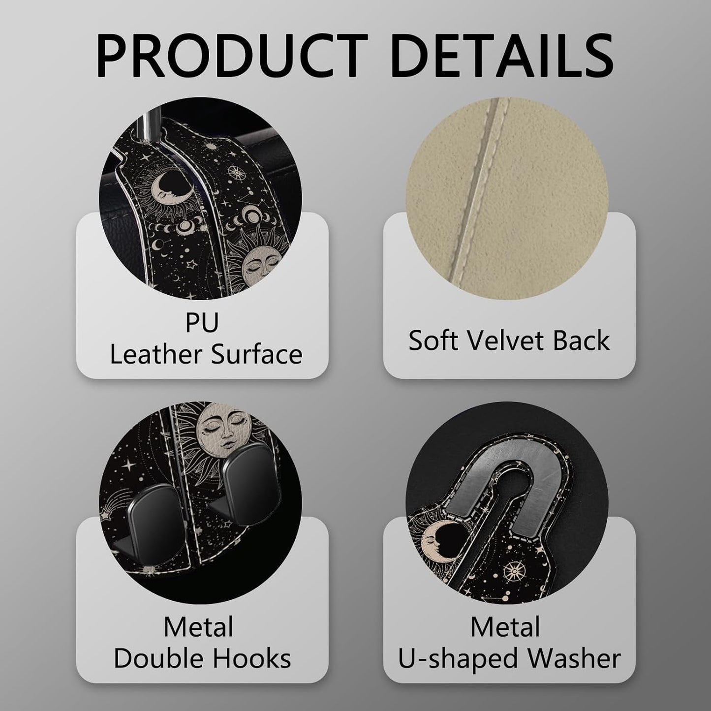 Blusabaca 2PCS Car Seat Back Storage Headrest Hooks, Sun and Moon Purse Holder Bags Hanger, PU Leather Double Metal Hook for Backseat Organizer, Women Car Accessories Organization
