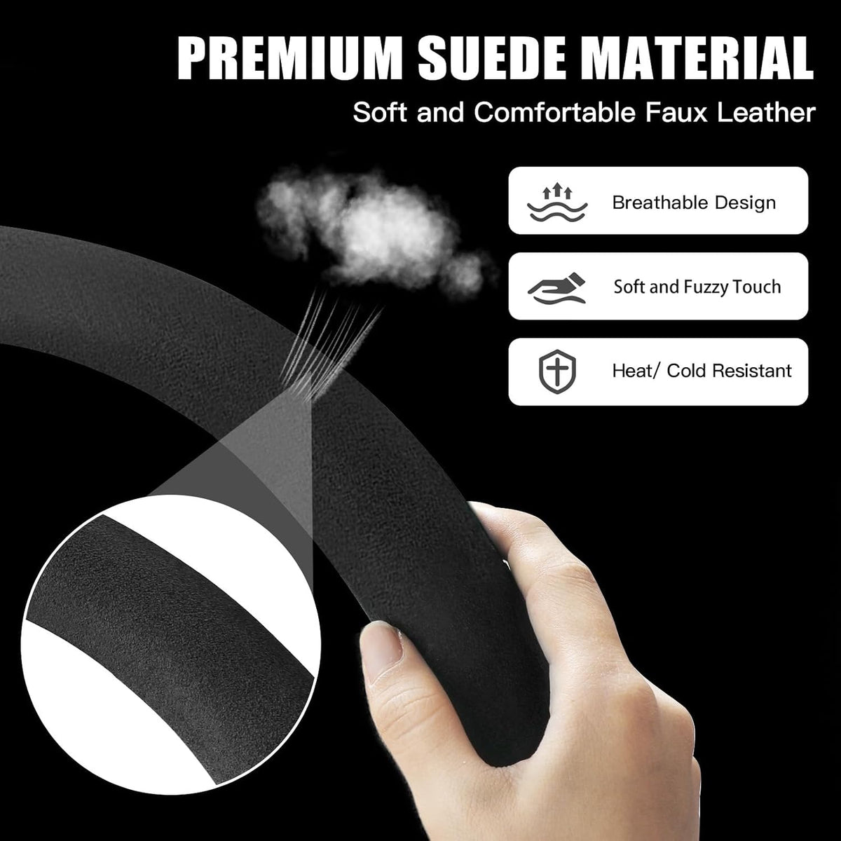 Suede Steering Wheel Cover with Upgraded Silicone Inner Ring, Breathable, Anti-Slip, Leather Universal 14.5 to 15 Inch Steering Wheel Cover (Black with Red Mark)