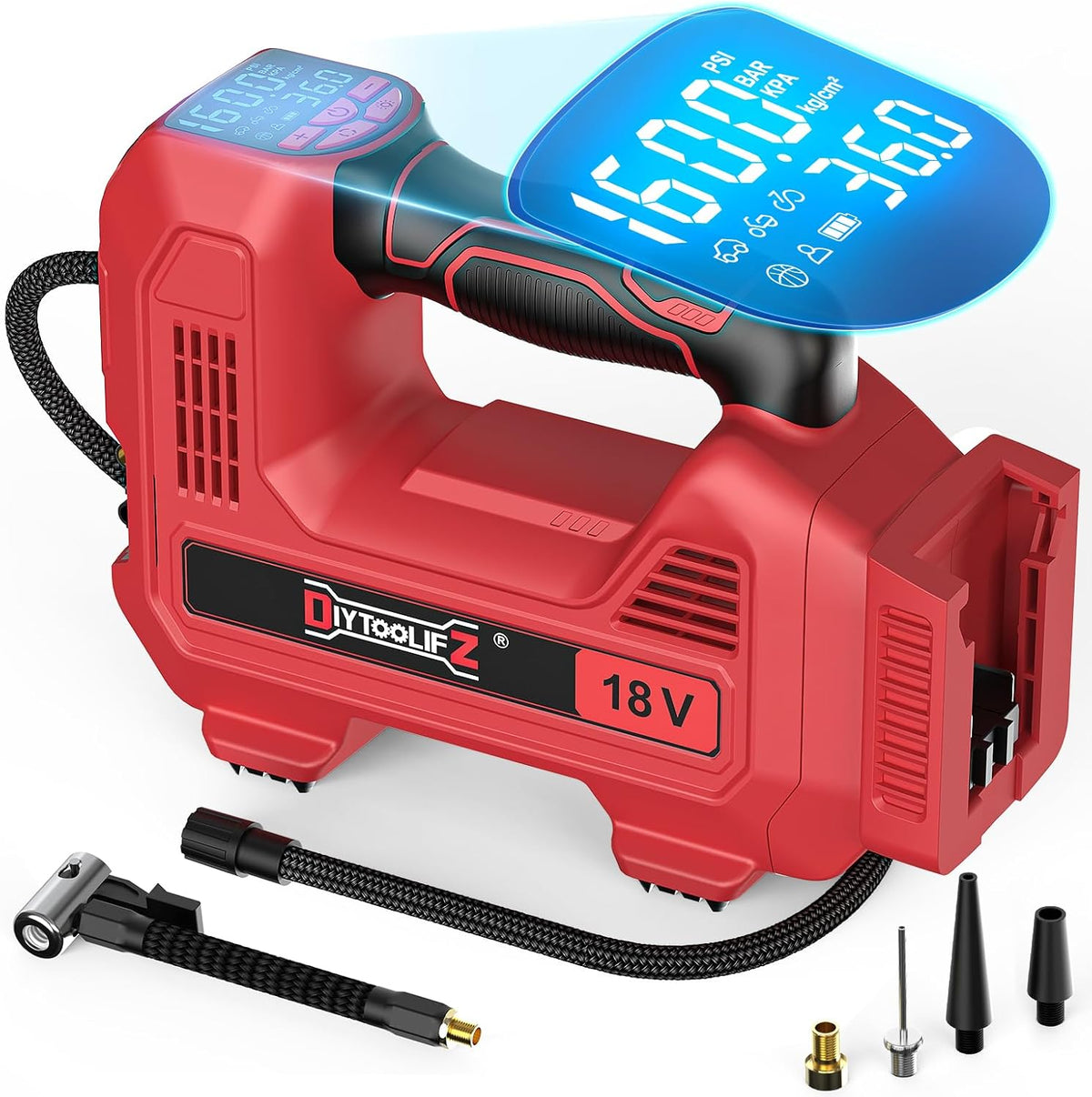 DIYtoolifz 160PSI Cordless Tire Inflator Compatible with Milwaukee 18V Air Compressor, Portable Air Pump Automatic Shut Off, LED Light, Digital Pressure Gauge for Cars Motorcycles Bikes (Tool Only)