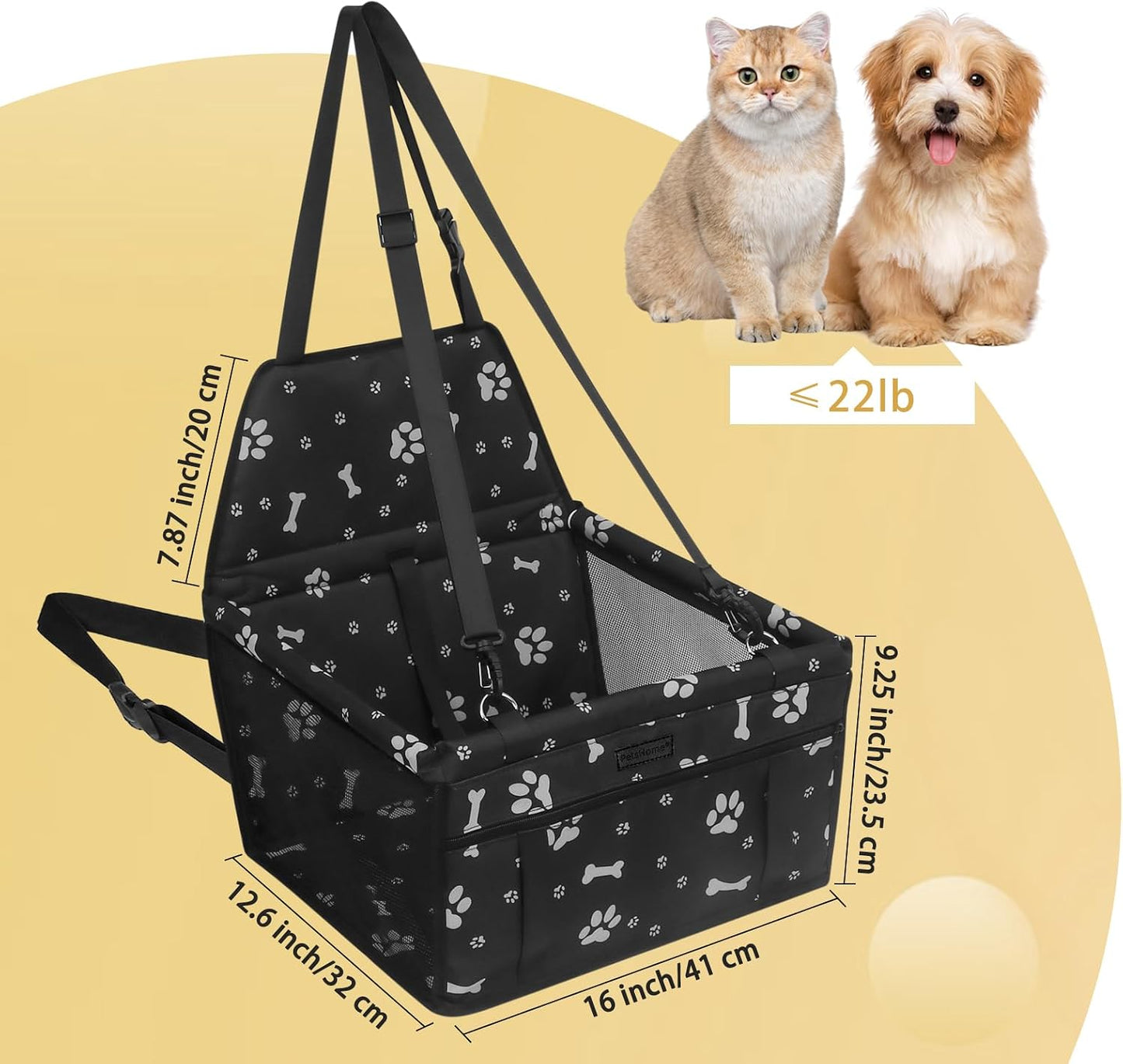 Dog Car Seat, Foldable Dog Car Booster Seat Waterproof Breathable Oxford Travel Bag for Small to Medium Dogs, Puppies, and Pets-Pattern Black