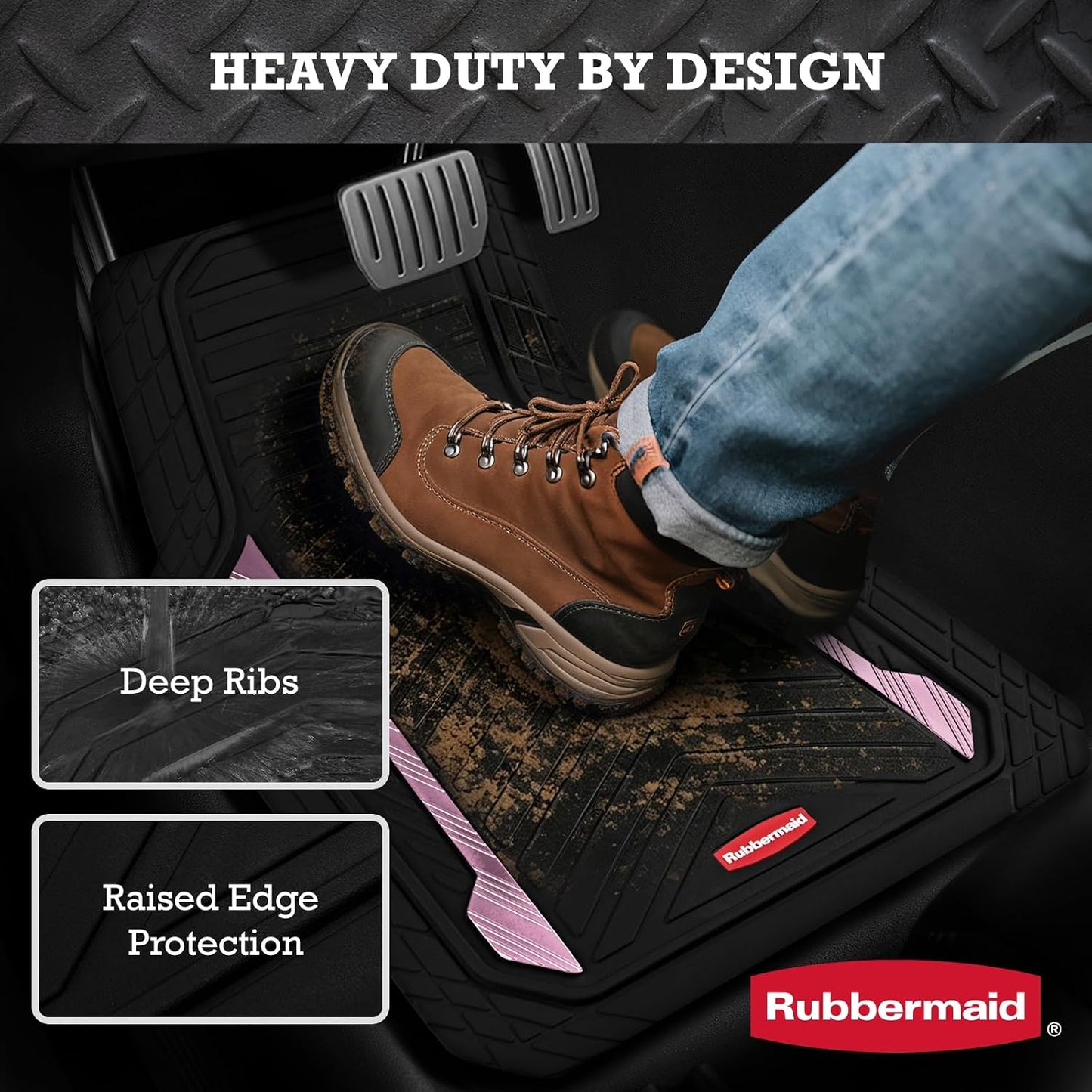 Rubbermaid Car Floor Mat, Heavy Duty All-Weather Car Mats Full Set with Dual-Tone Pink Aluminum Inserts – Universal Fit, Anti-Slip Backing, Trim-to-Fit for Most SUV, Sedan, Van