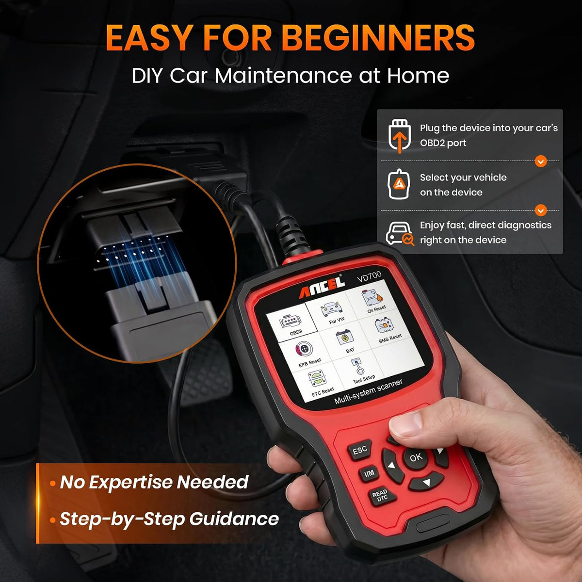 ANCEL VD700 OBD2 Diagnostic Code Reader Scan Tool Fit for Volkswagen Audi VW Skoda Seat, All Functions OBD11 Scanner for VAG Vehicles with Battery Registration EPB Reset (Upgraded VD500)