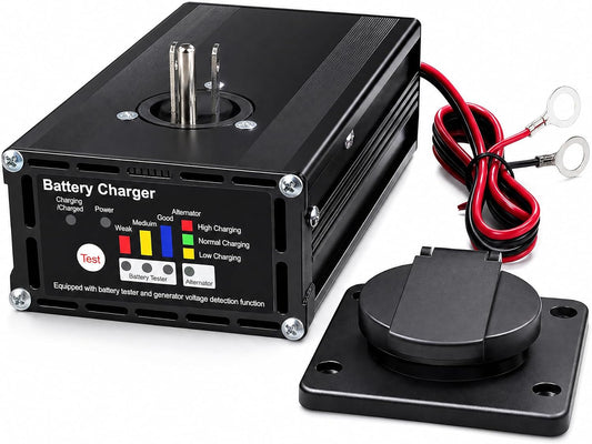 10 AMP 12 Volt Battery Charger & Tester for Dump Trailers, Cars (Automotive), RVs, Marine (Boats), Panel Mount On Board Trickle Charger Maintainer, LED Battery & Alternator Status, Trailer Accessories