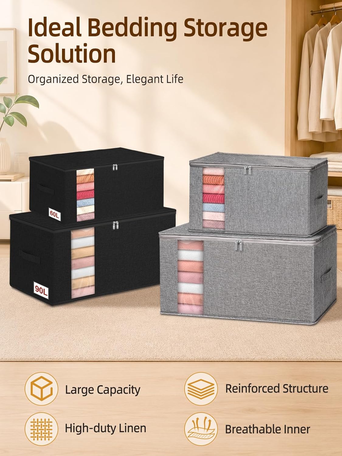 60L Blanket/Comforter Storage Bag w/Rigid Side & Bottom Support, Stackable Clothes Storage Bin for Sweaters Bedding Sets Quilts Pillows, Closet Organizer, 21.7x14.2x11.8in, 2 Pack, Gray